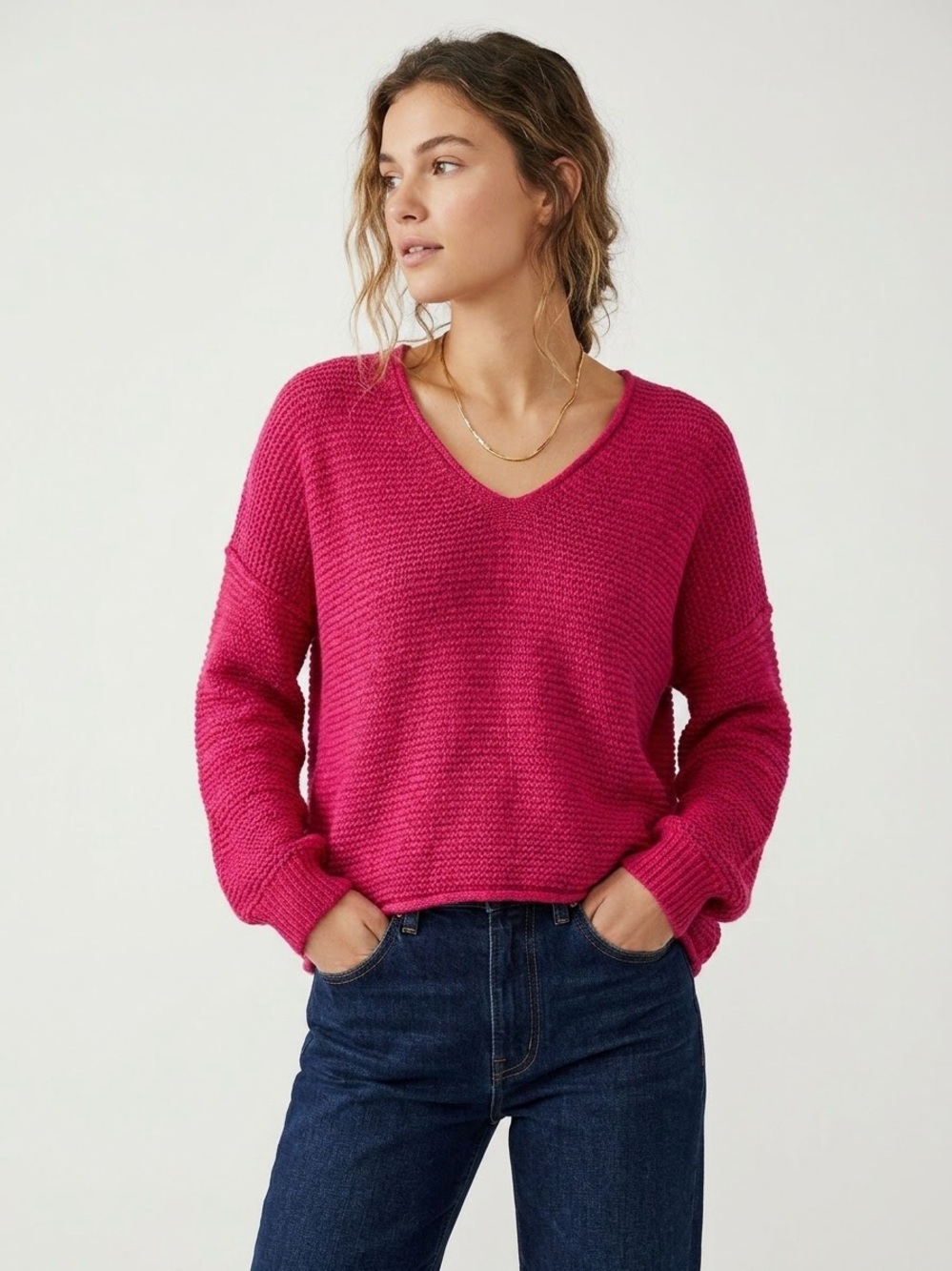 Free People Alpaca Blend Oversized V-Neck Sweater M Hot Pink Cotton Fuzzy Knit